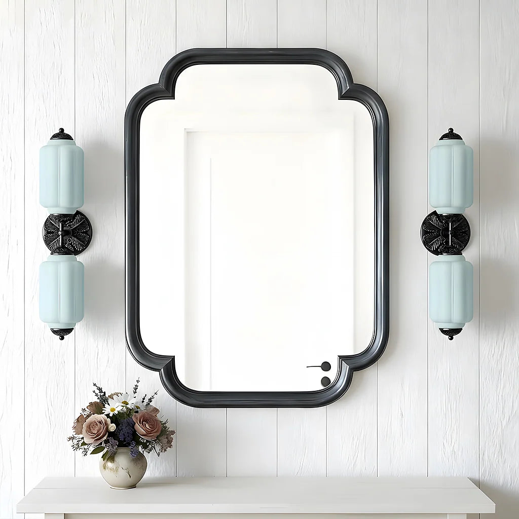 Milk Glass Vanity Light, Art Deco 2-Light Brass or Black