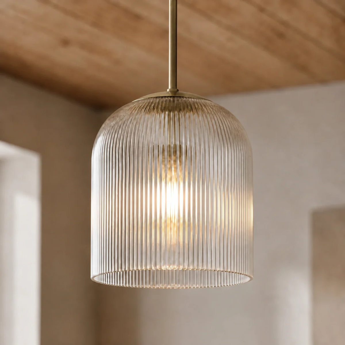 Ribbed Glass Pendant Light, Farmhouse Fluted Hanging Lamp
