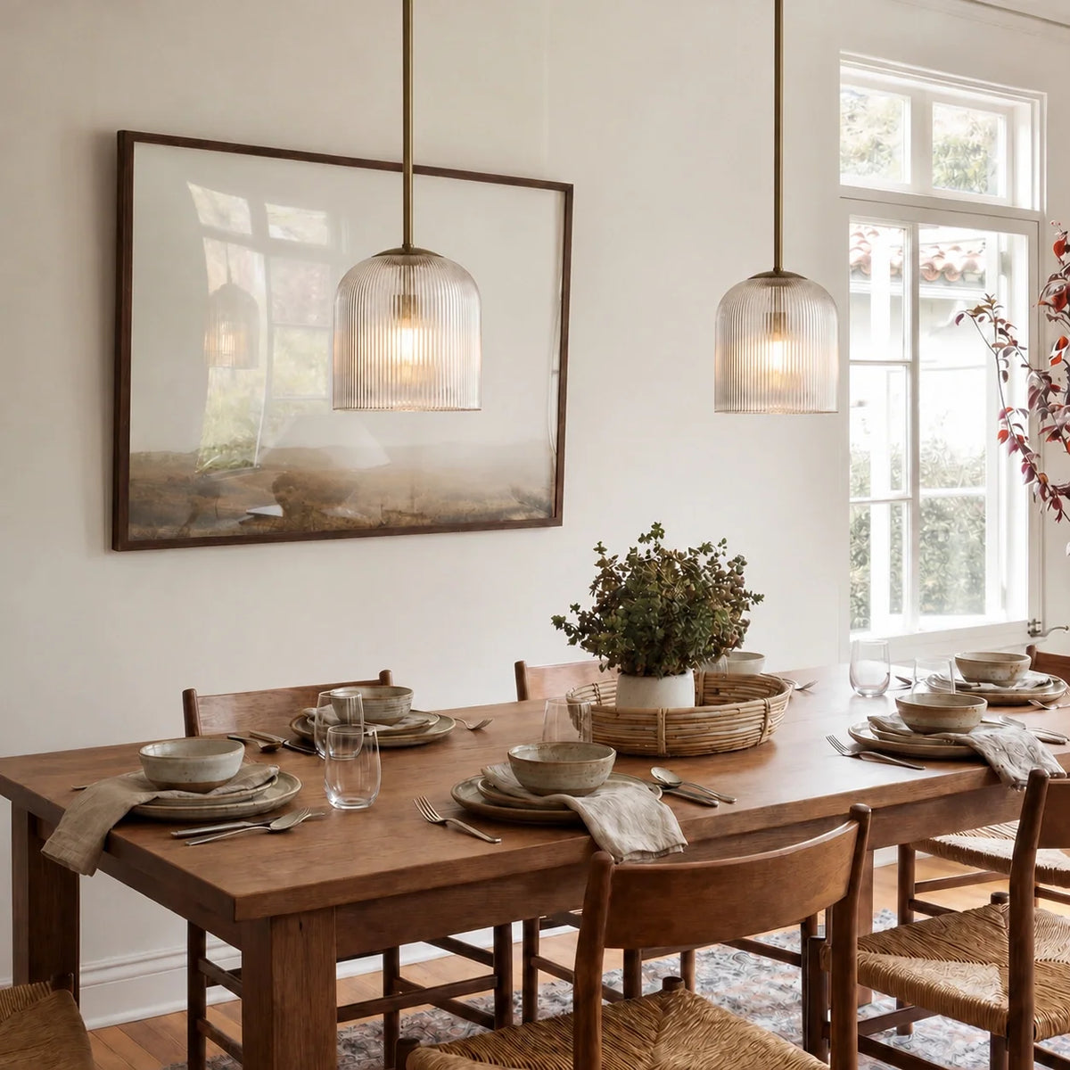 Ribbed Glass Pendant Light, Farmhouse Fluted Hanging Lamp