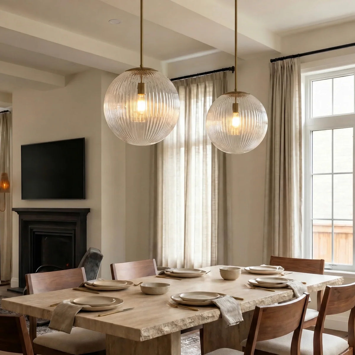 Ribbed Glass Pendant Light, Farmhouse Fluted Hanging Lamp