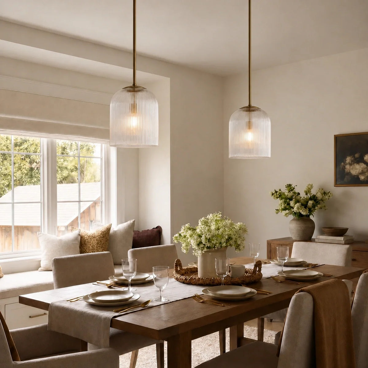 Ribbed Glass Pendant Light, Farmhouse Fluted Hanging Lamp