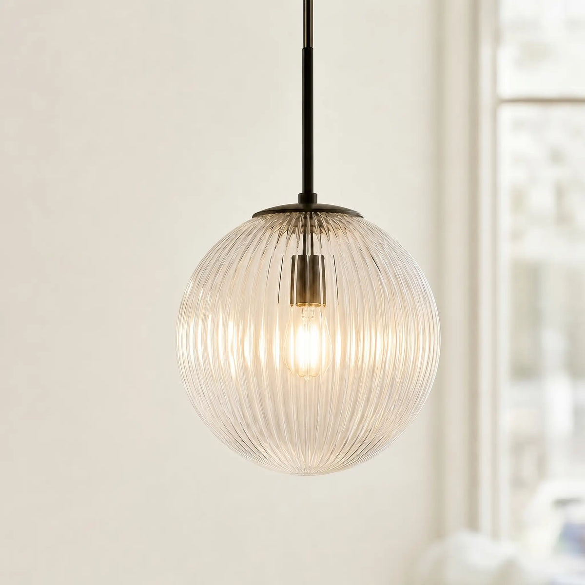 Ribbed Glass Pendant Light, Farmhouse Fluted Hanging Lamp