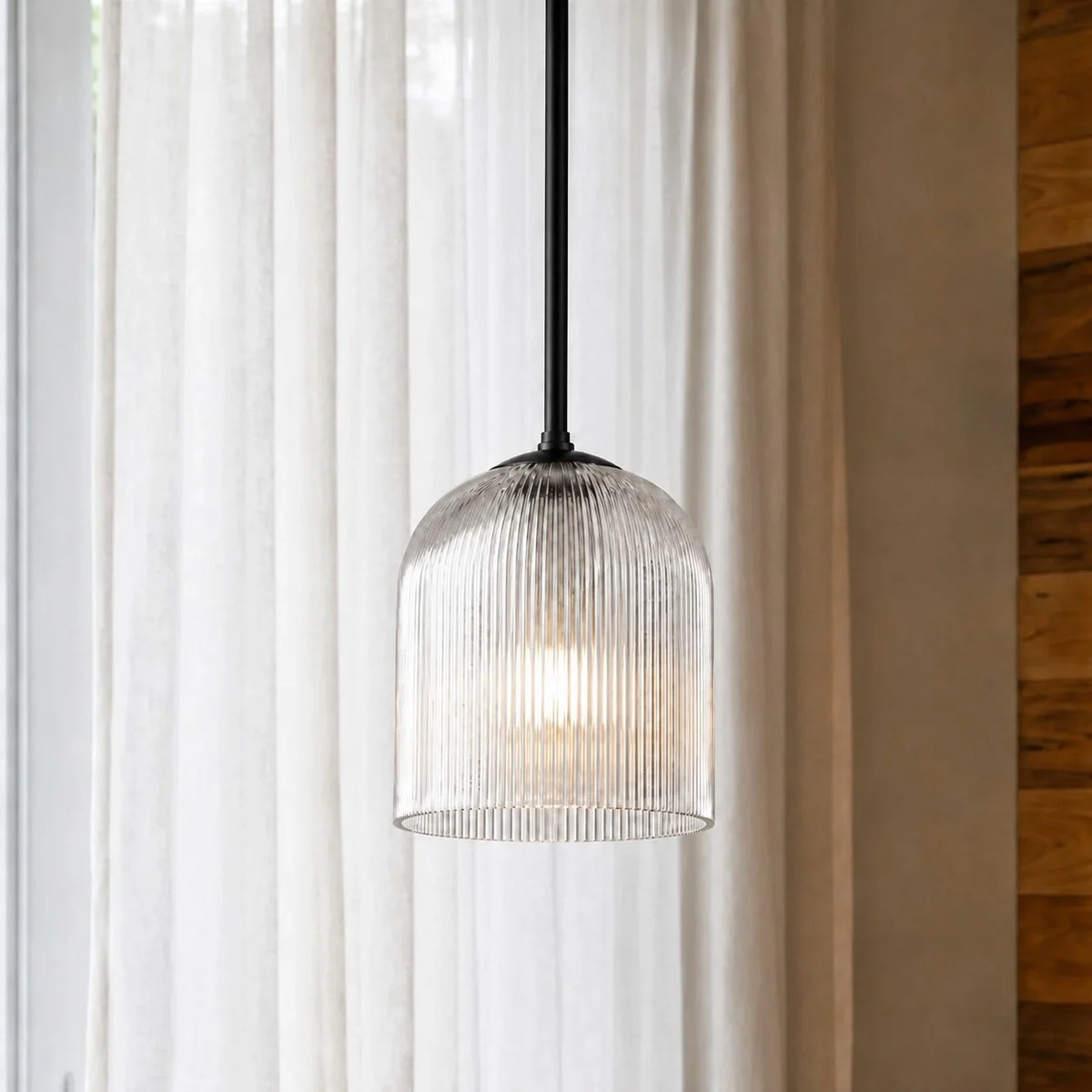 Ribbed Glass Pendant Light, Farmhouse Fluted Hanging Lamp