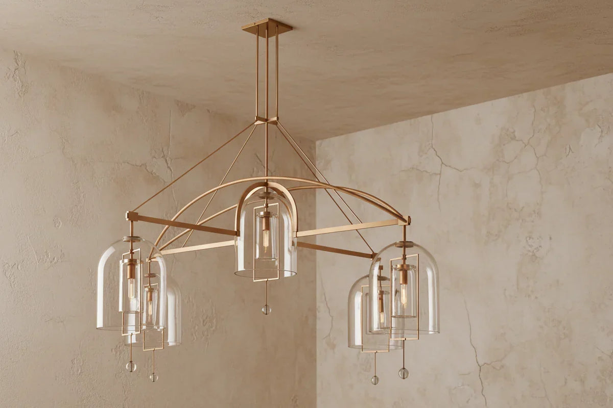Art Deco Glass Dome Chandelier, Gold or Black Foyer Light