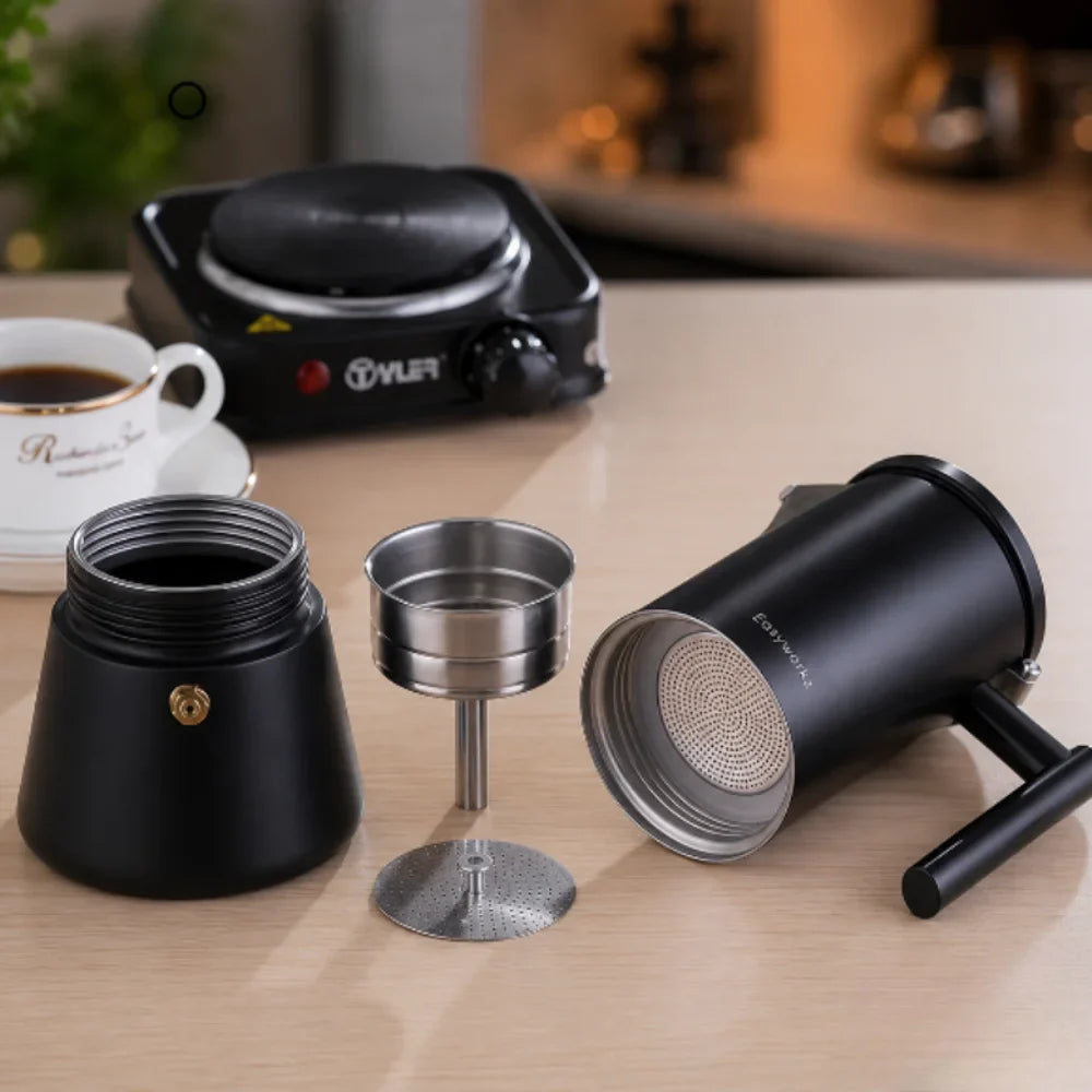 Black Moka Pot, 18/8 Stainless Steel Stovetop Espresso