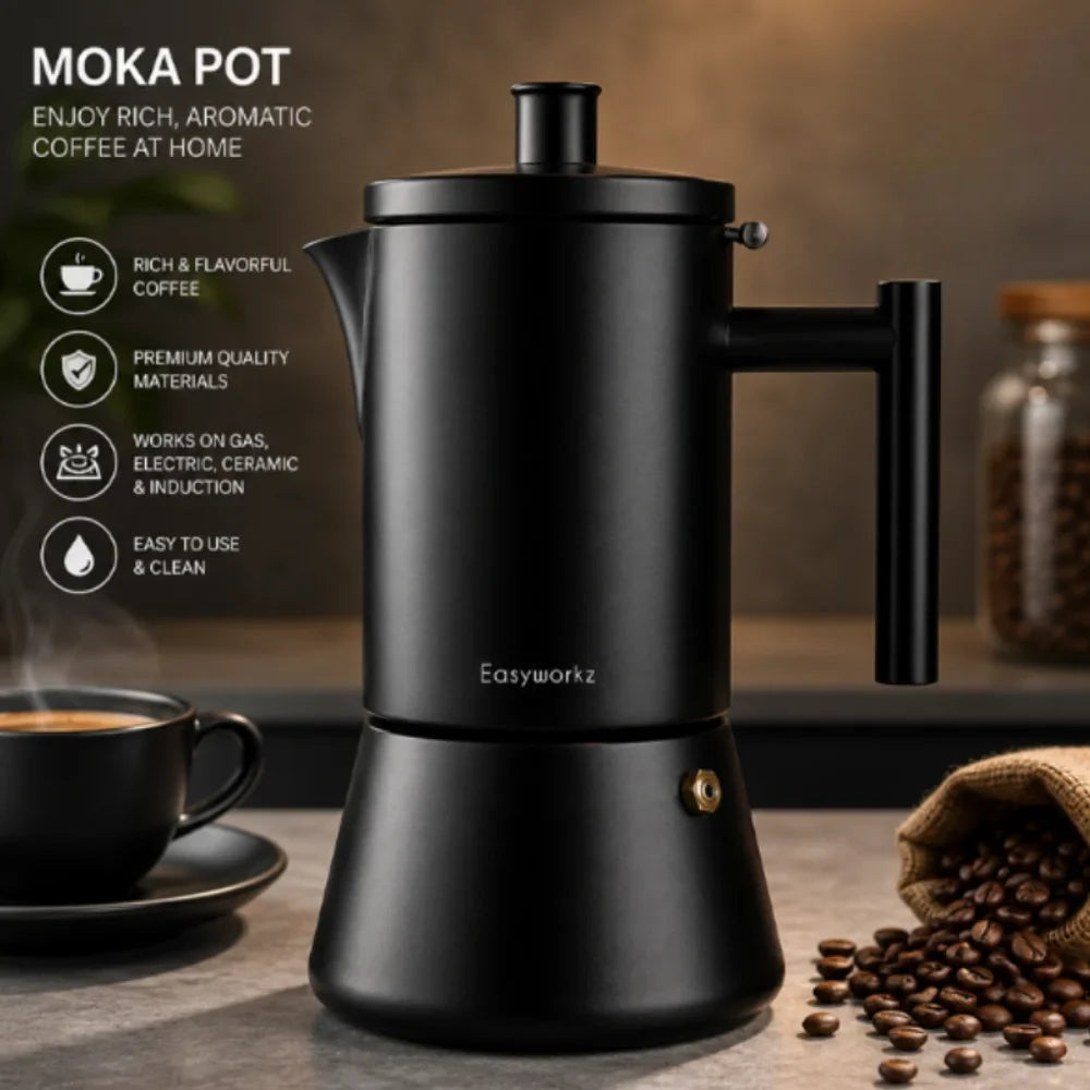 Black Moka Pot, 18/8 Stainless Steel Stovetop Espresso