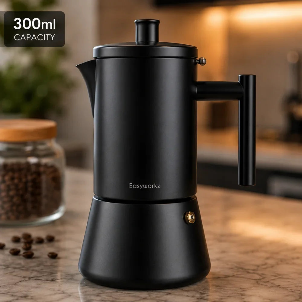 Black Moka Pot, 18/8 Stainless Steel Stovetop Espresso