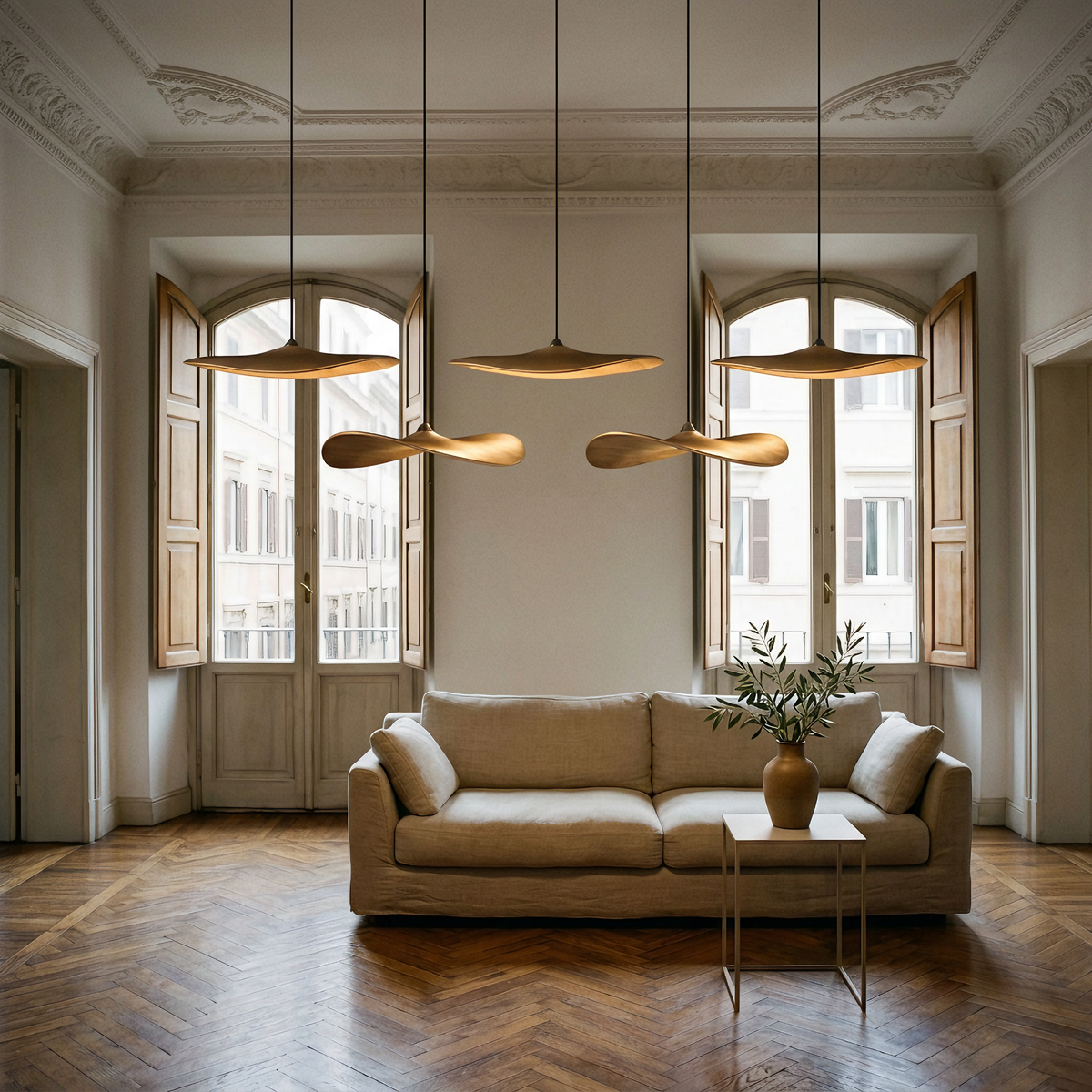 Wood petal cascade LED chandelier in an Italian interior