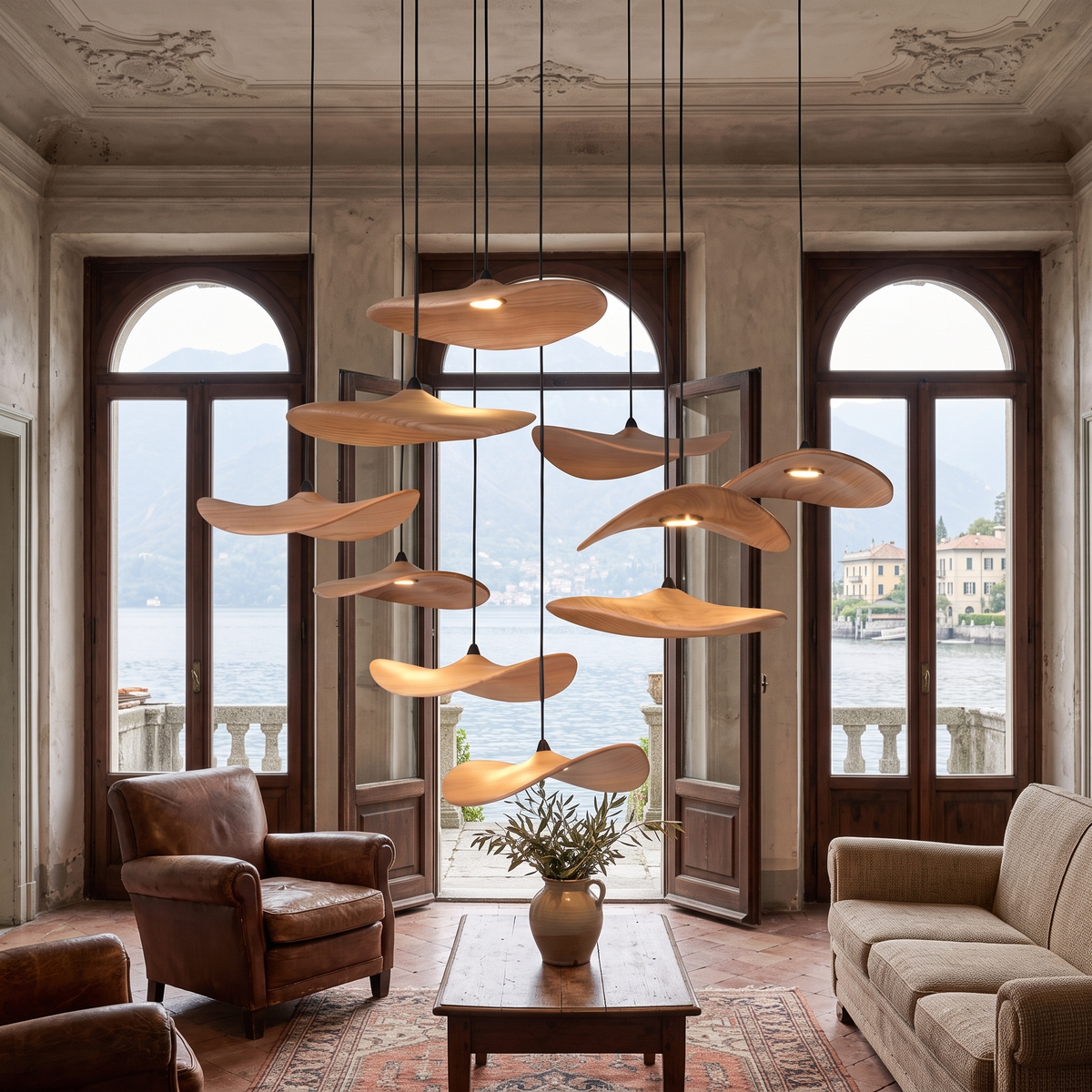 Wood petal cascade LED chandelier in an Italian interior