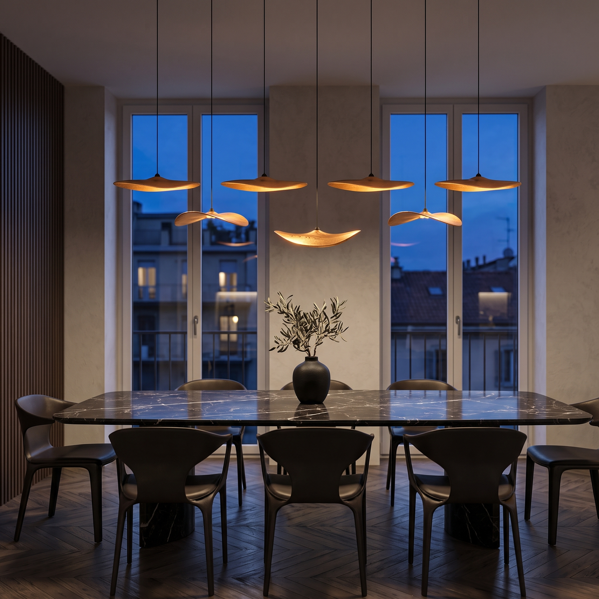 Wood petal cascade LED chandelier in an Italian interior