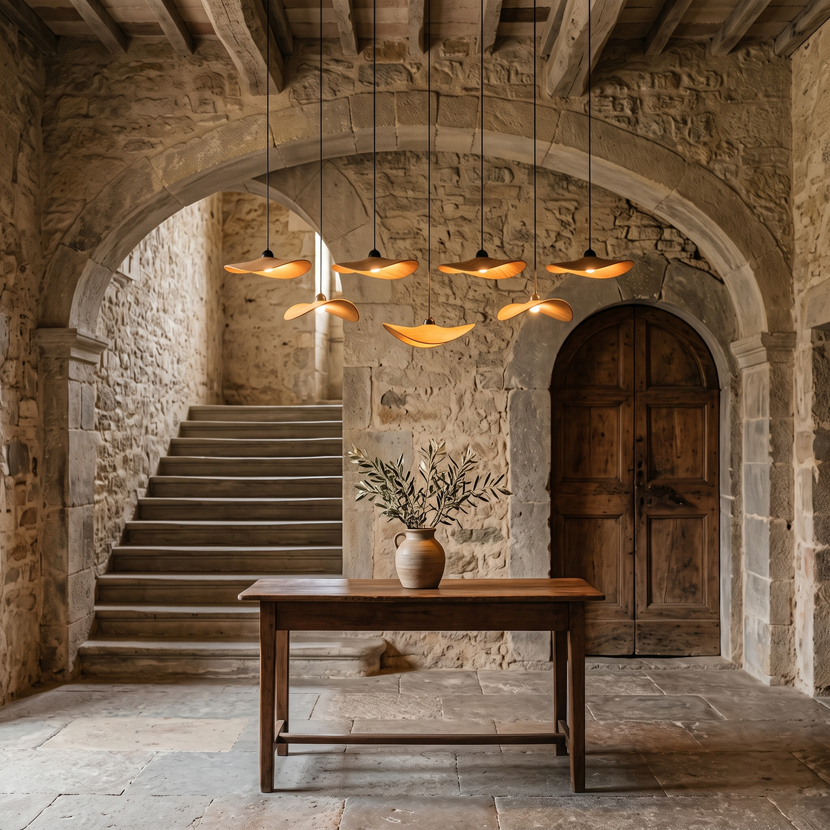 Wood petal cascade LED chandelier in an Italian interior