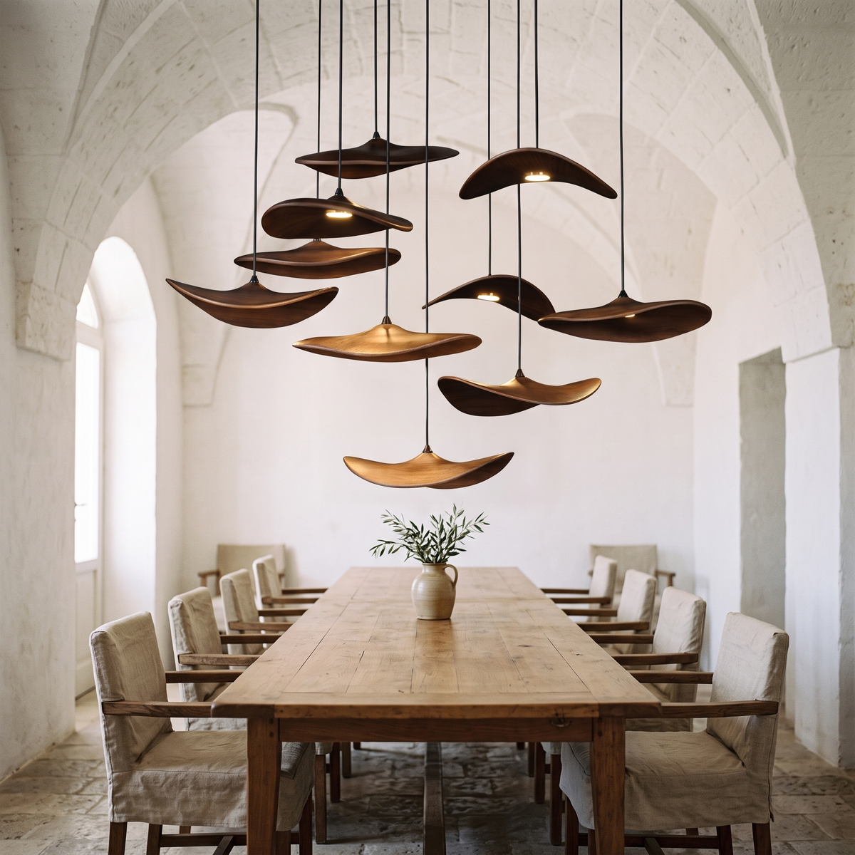 Wood petal cascade LED chandelier in an Italian interior
