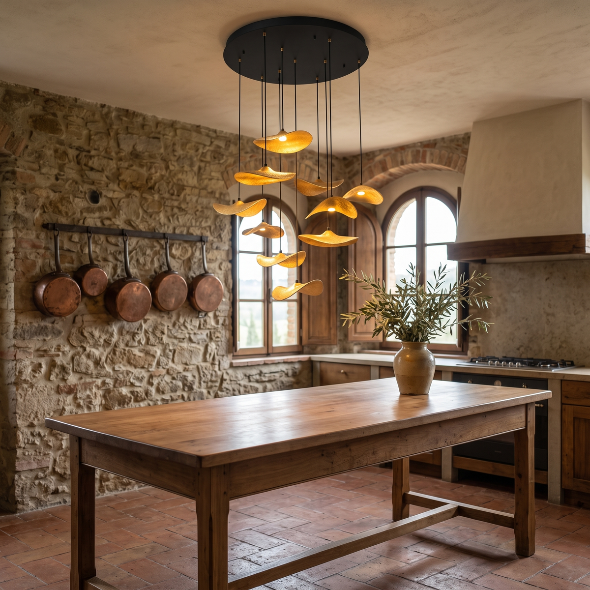 Wood petal cascade LED chandelier in an Italian interior