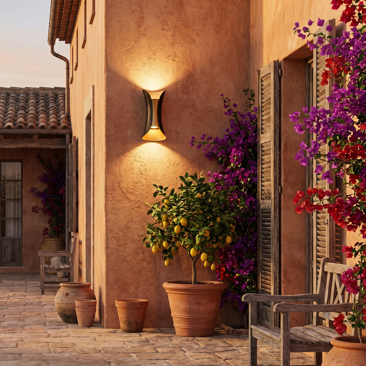 Up down outdoor wall light on a Tuscan villa stucco wall