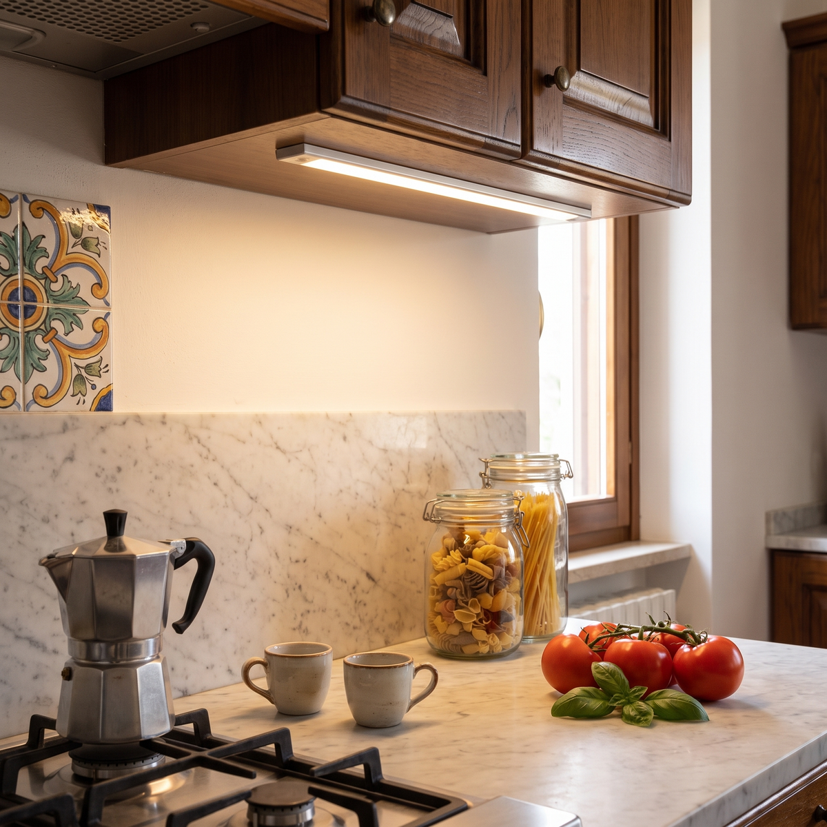 Under cabinet LED light over a marble counter in an Italian kitchen