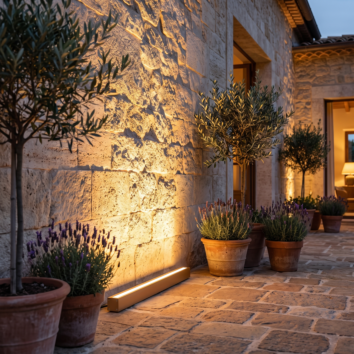 Linear LED wall washer lighting a travertine wall in an Italian villa courtyard