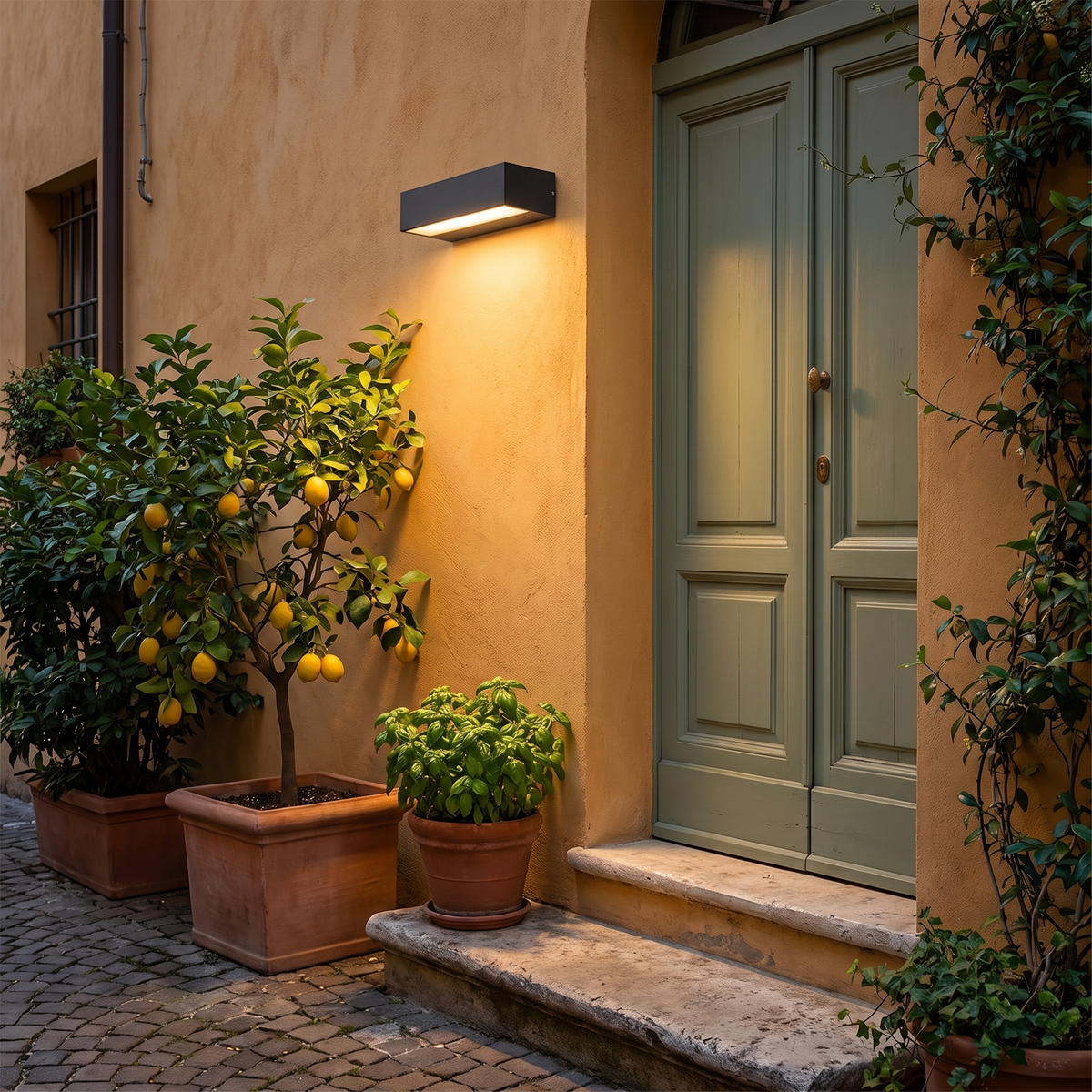 Door number porch light beside a green door on an Italian townhouse