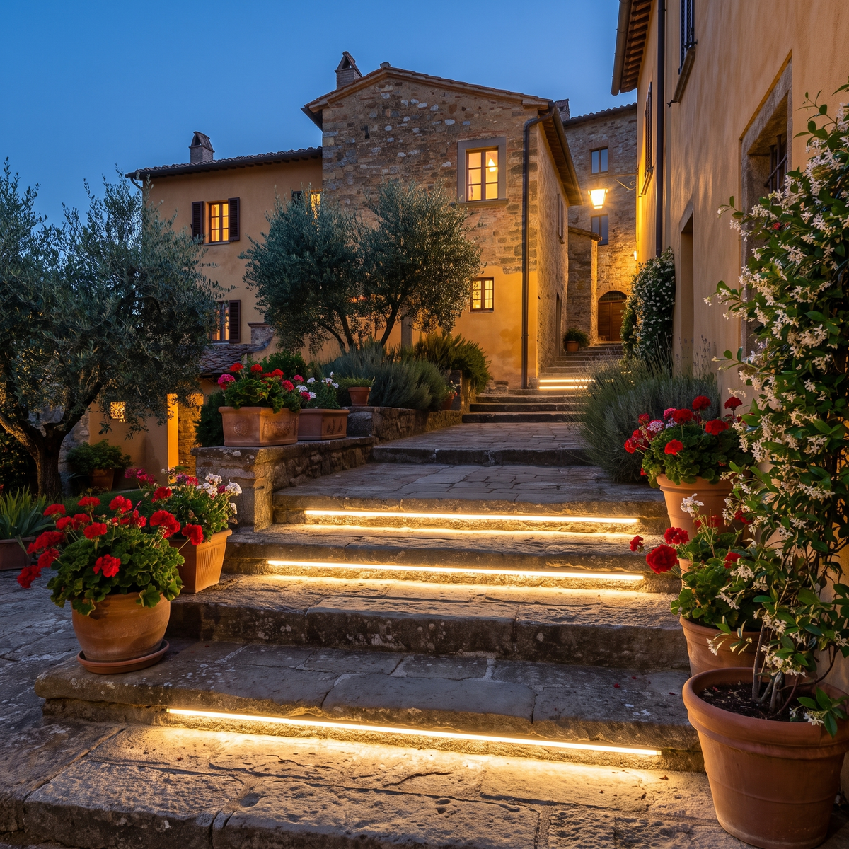 Embedded LED light strips on stone steps in an Italian village garden