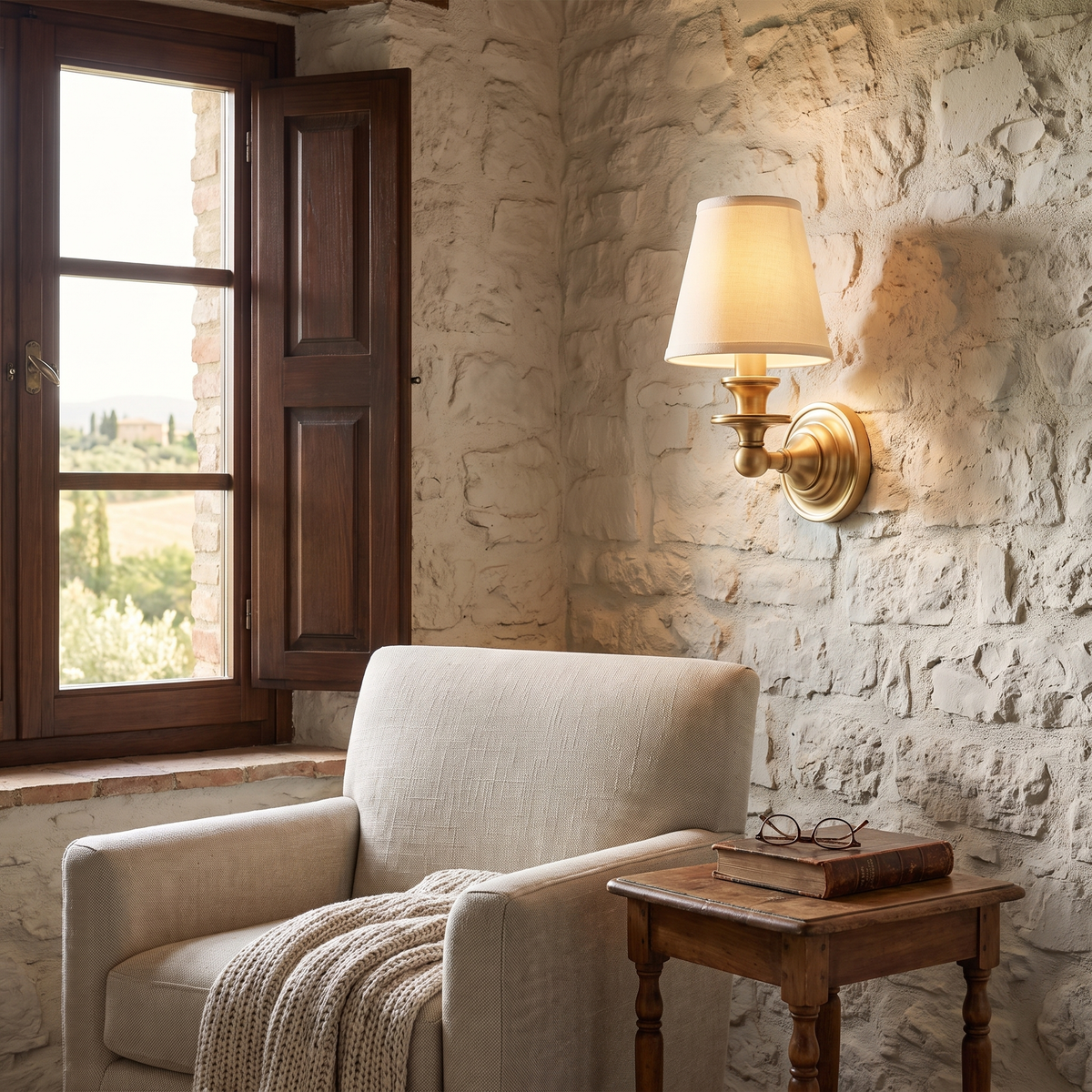 Rowan drum shade wall sconce in an Italian cottage reading nook