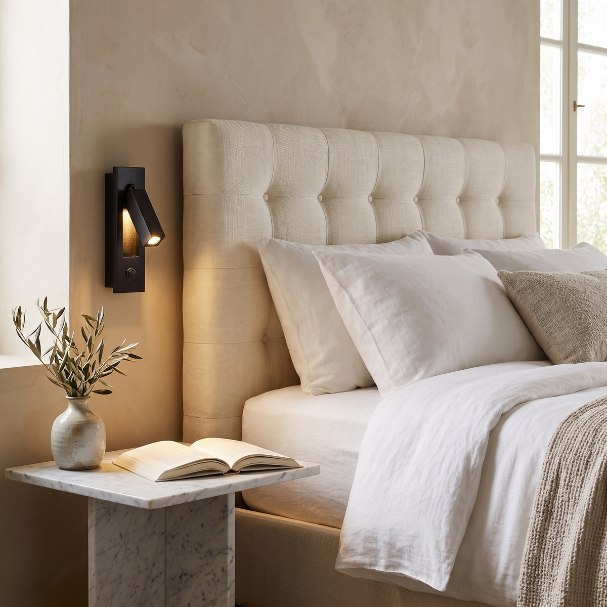 Luxury LED wall sconce beside the bed in an elegant Italian bedroom