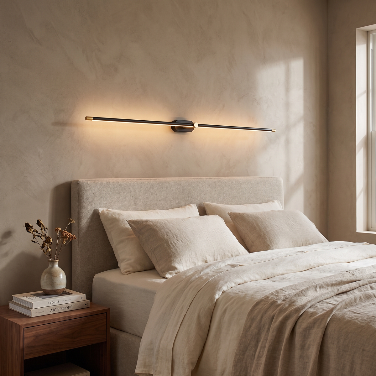 Minimalist linear wall sconce in an elegant Italian interior