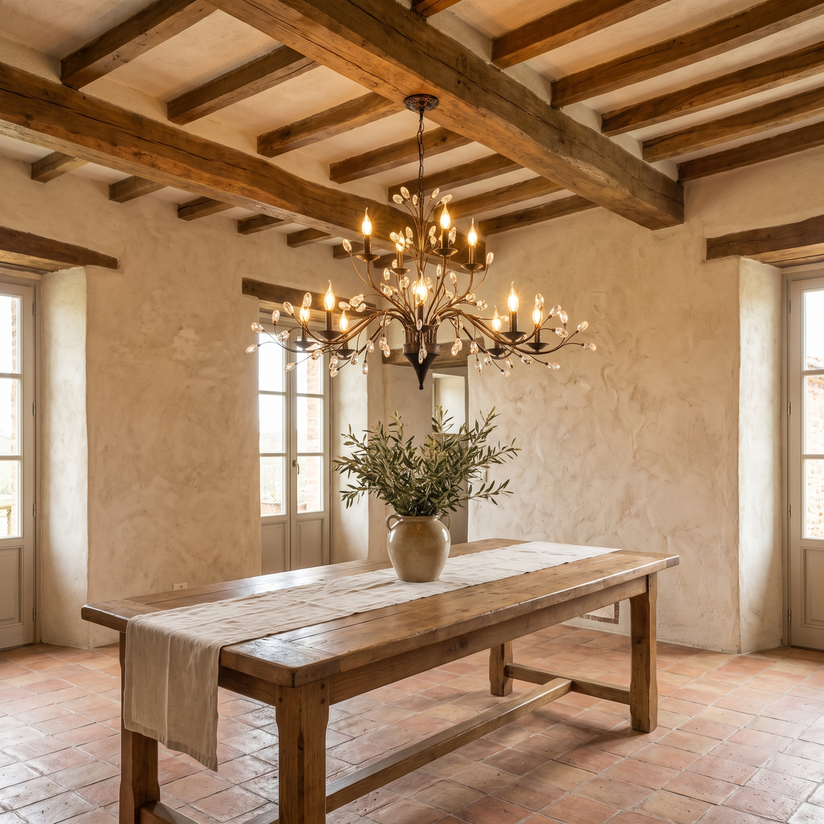 Rustic wrought iron chandelier in an elegant Italian interior