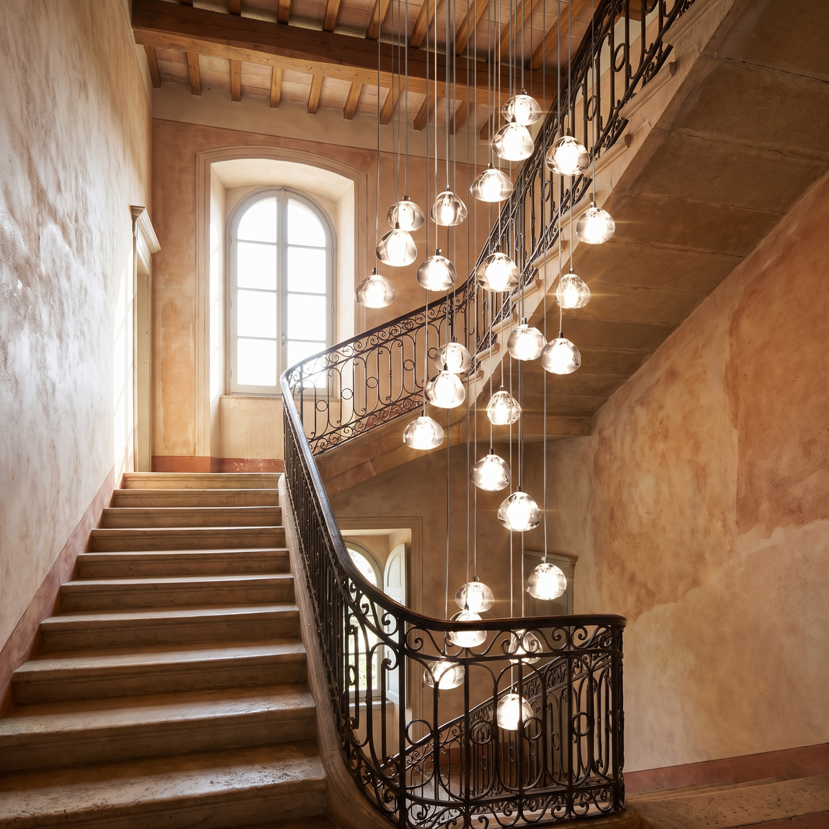 Raindrop Glass Staircase Chandelier in an elegant Italian setting