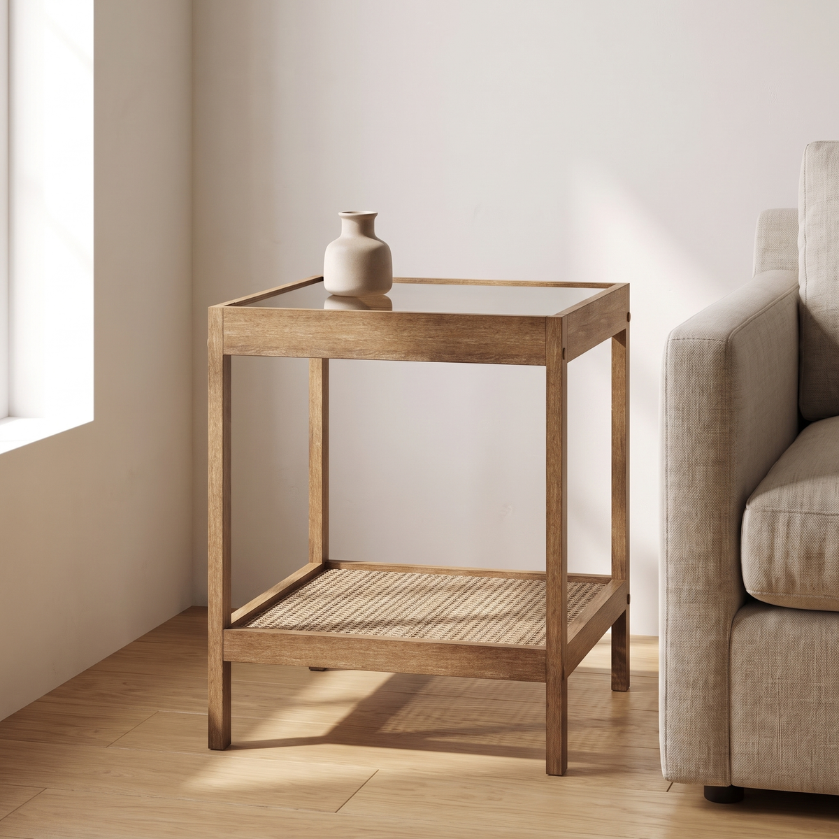 Rattan Glass End Table in a warm Italian interior