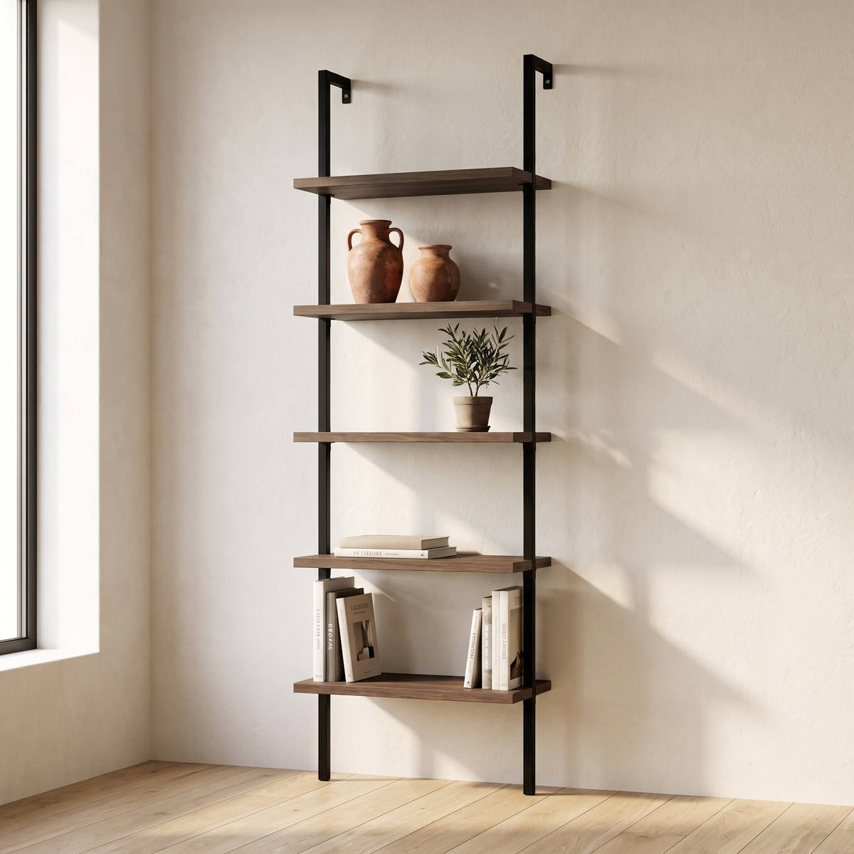 5-Shelf Ladder Bookshelf in a warm Italian interior