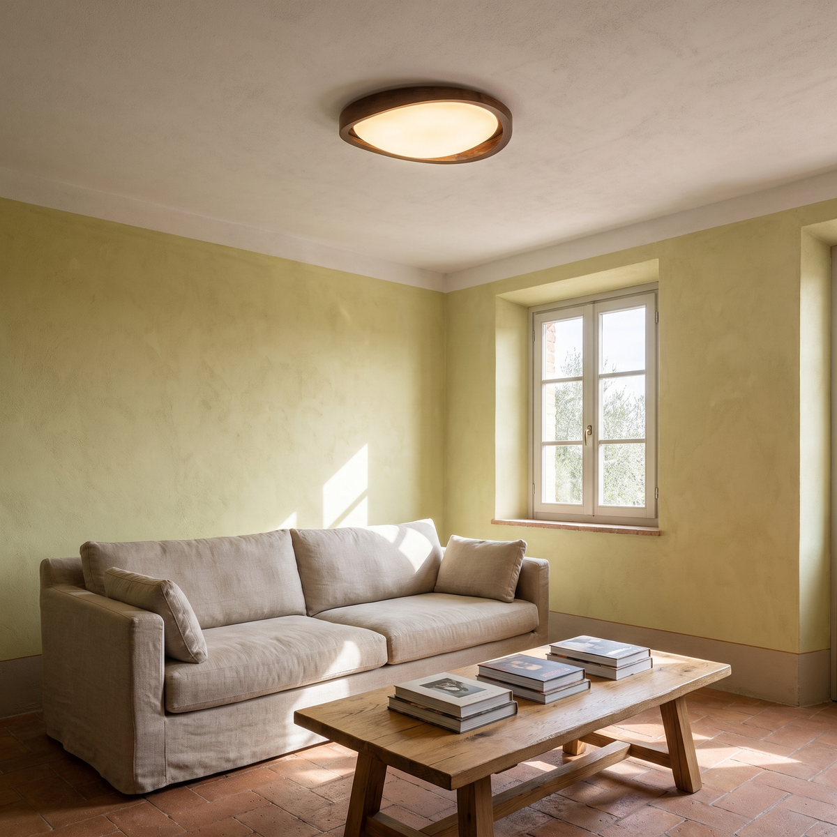 Walnut Flush Mount Ceiling Light in a warm Italian interior
