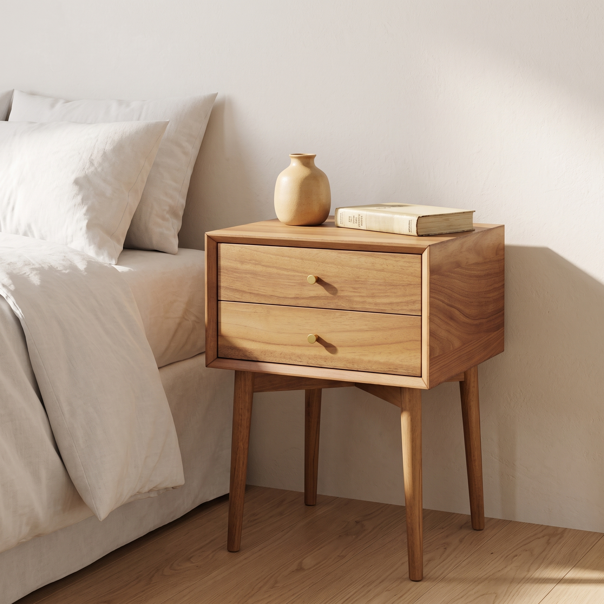 Mid Century Acacia Nightstand in a warm Italian interior