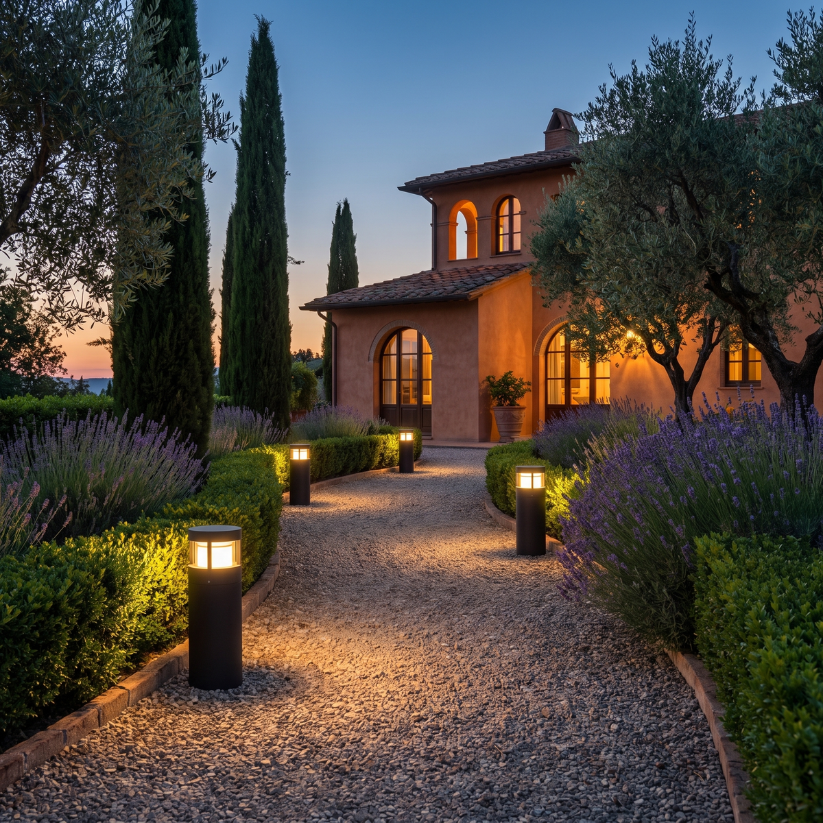 Outdoor Post Light along an Italian villa garden path