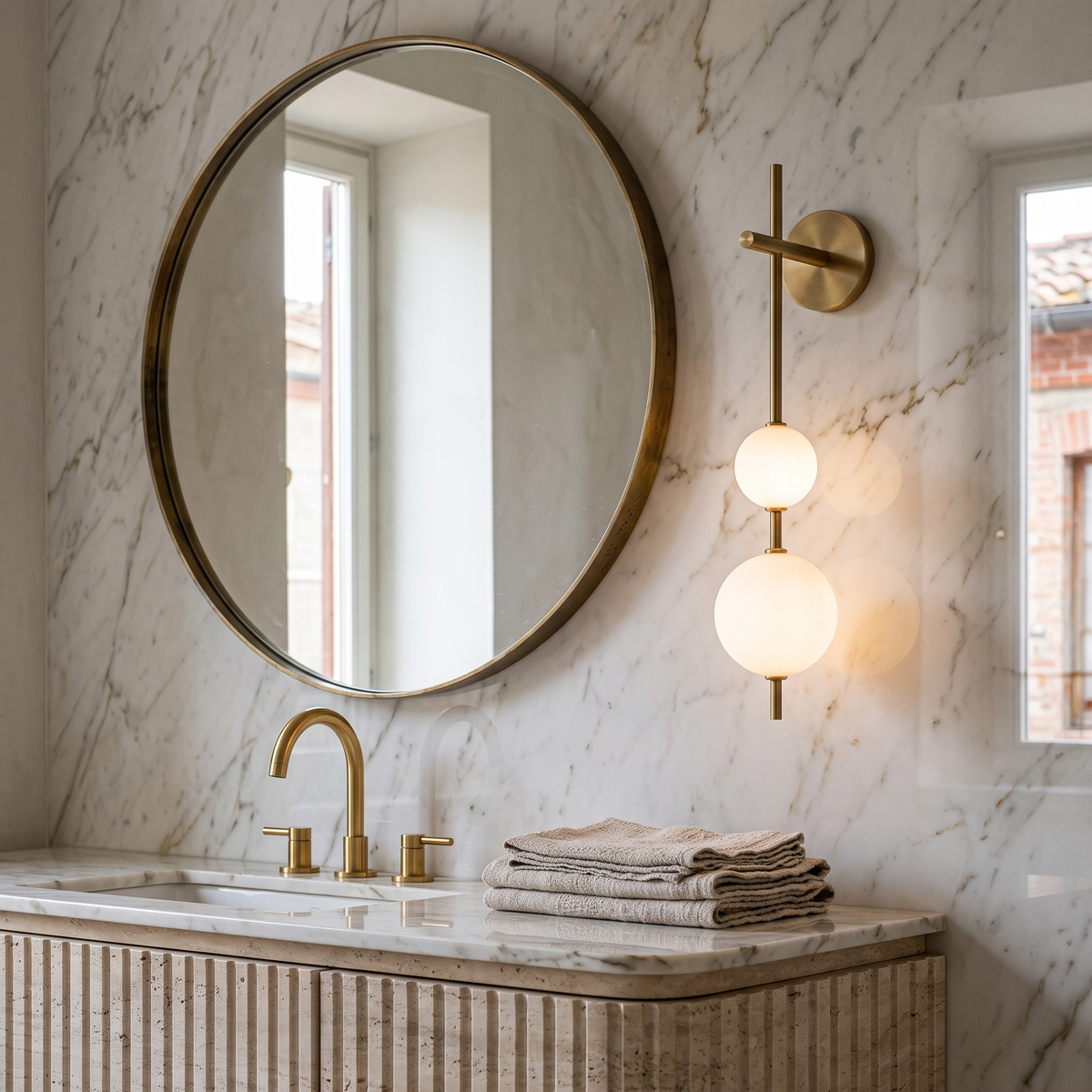 Stacked Globe Wall Sconce in a warm Italian bathroom