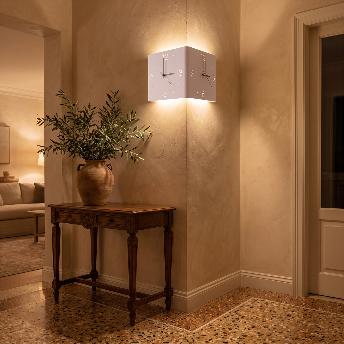 Backlit Wall Clock Lamp in a warm Italian interior