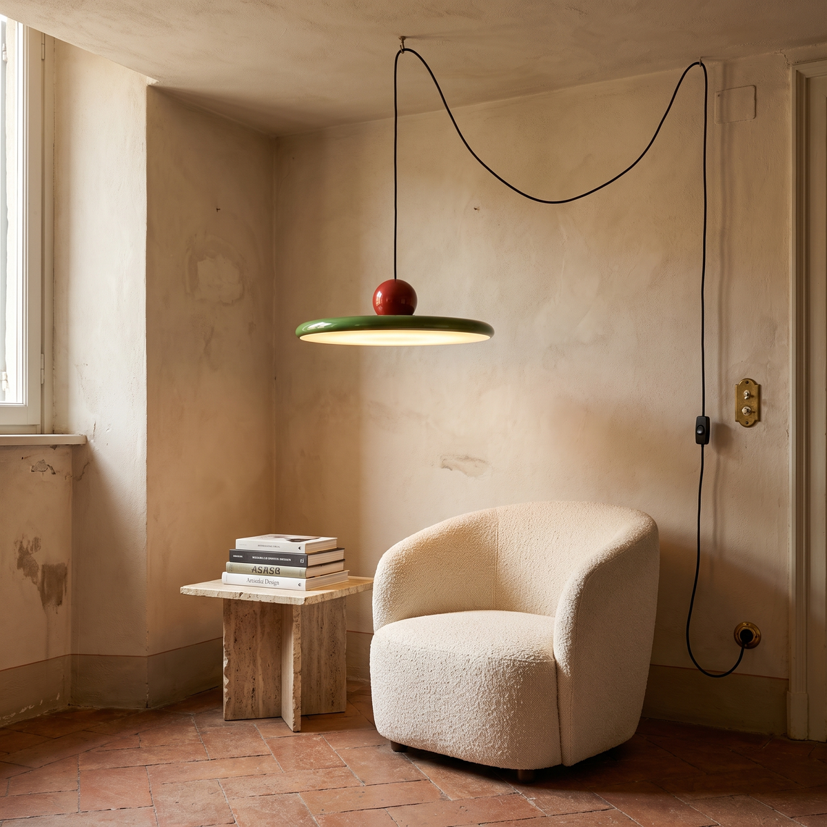 Plug-In Disc Swag Pendant Light in a warm Italian interior