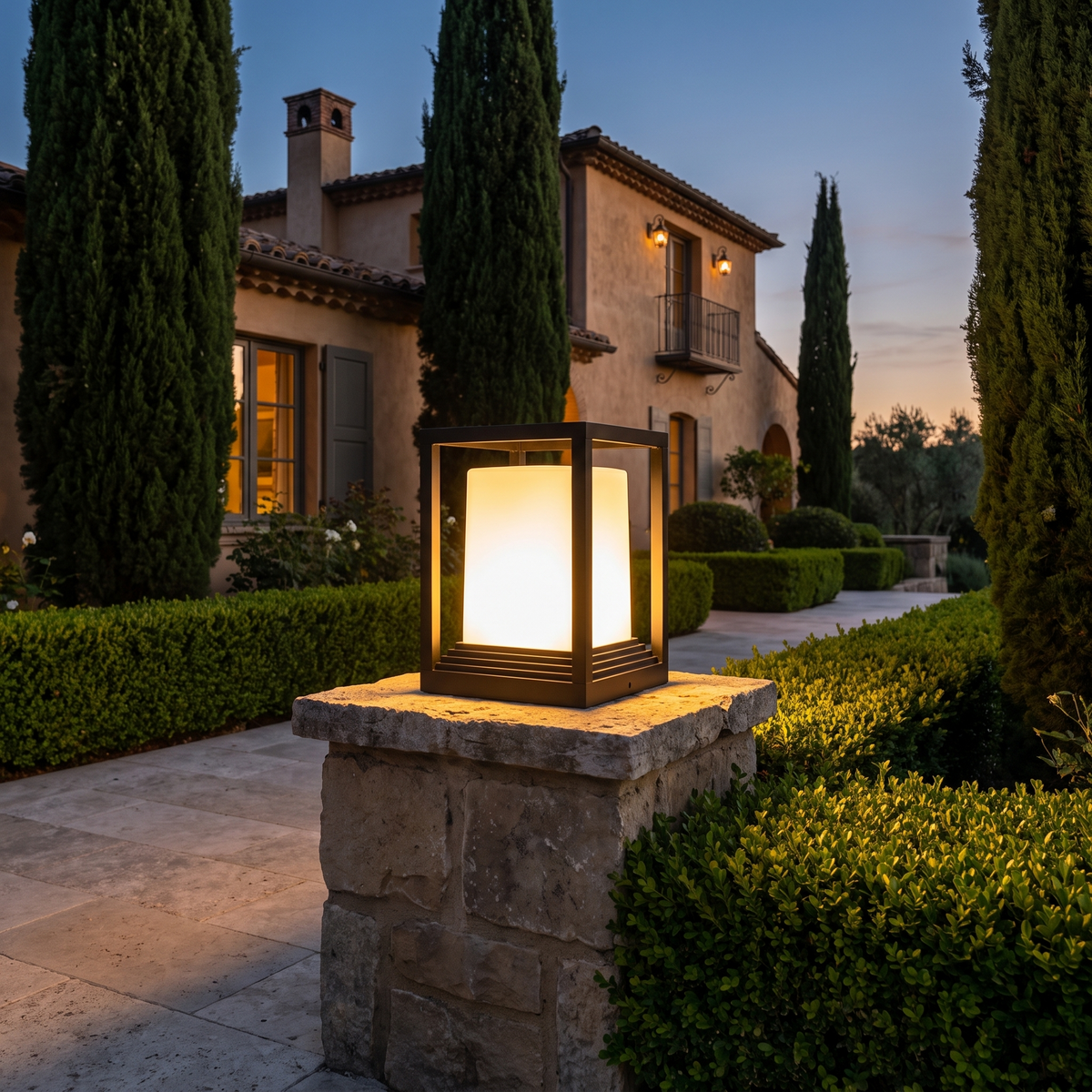 Square Garden Pedestal Light in an Italian garden
