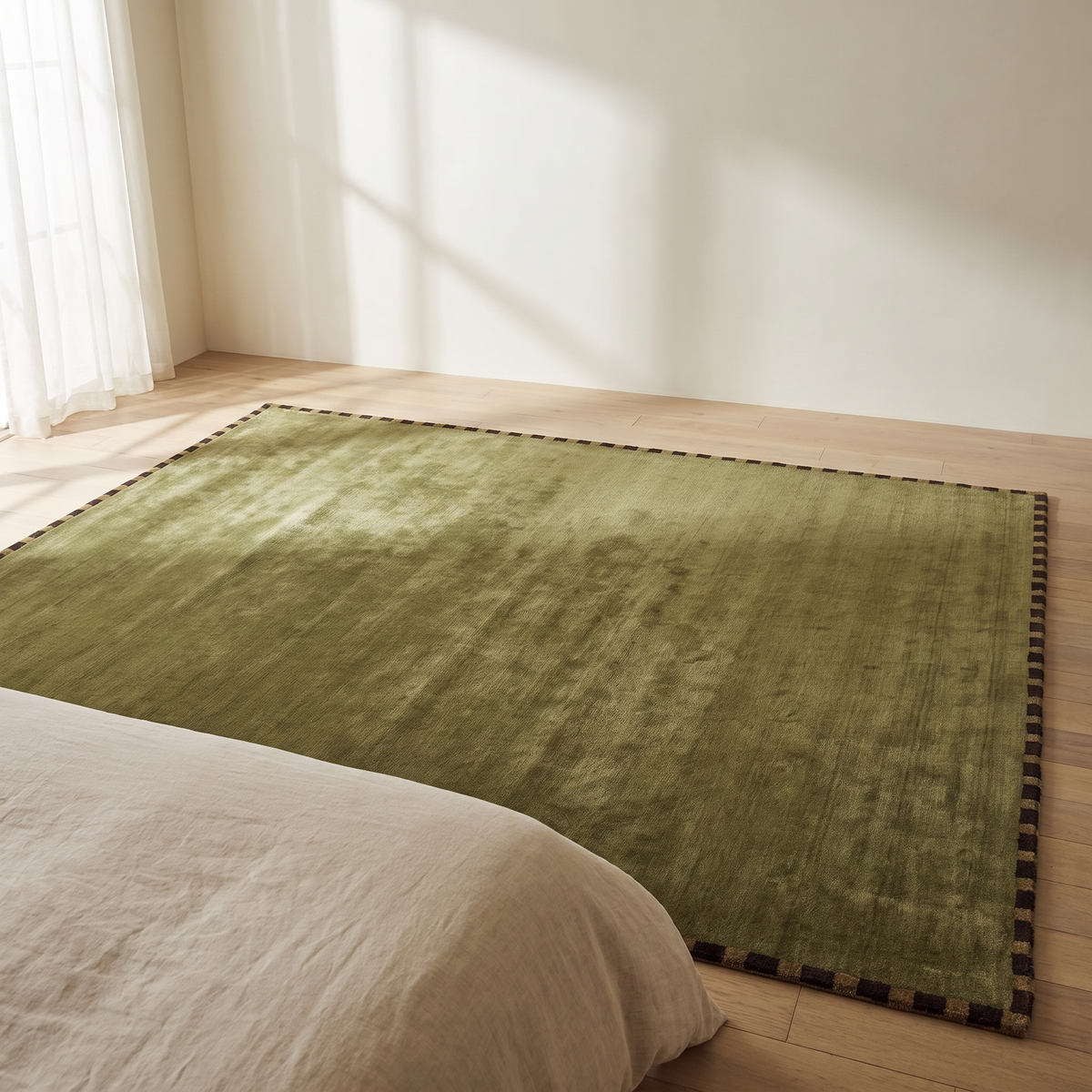 Solid Viscose Area Rug with Border in a warm Italian interior