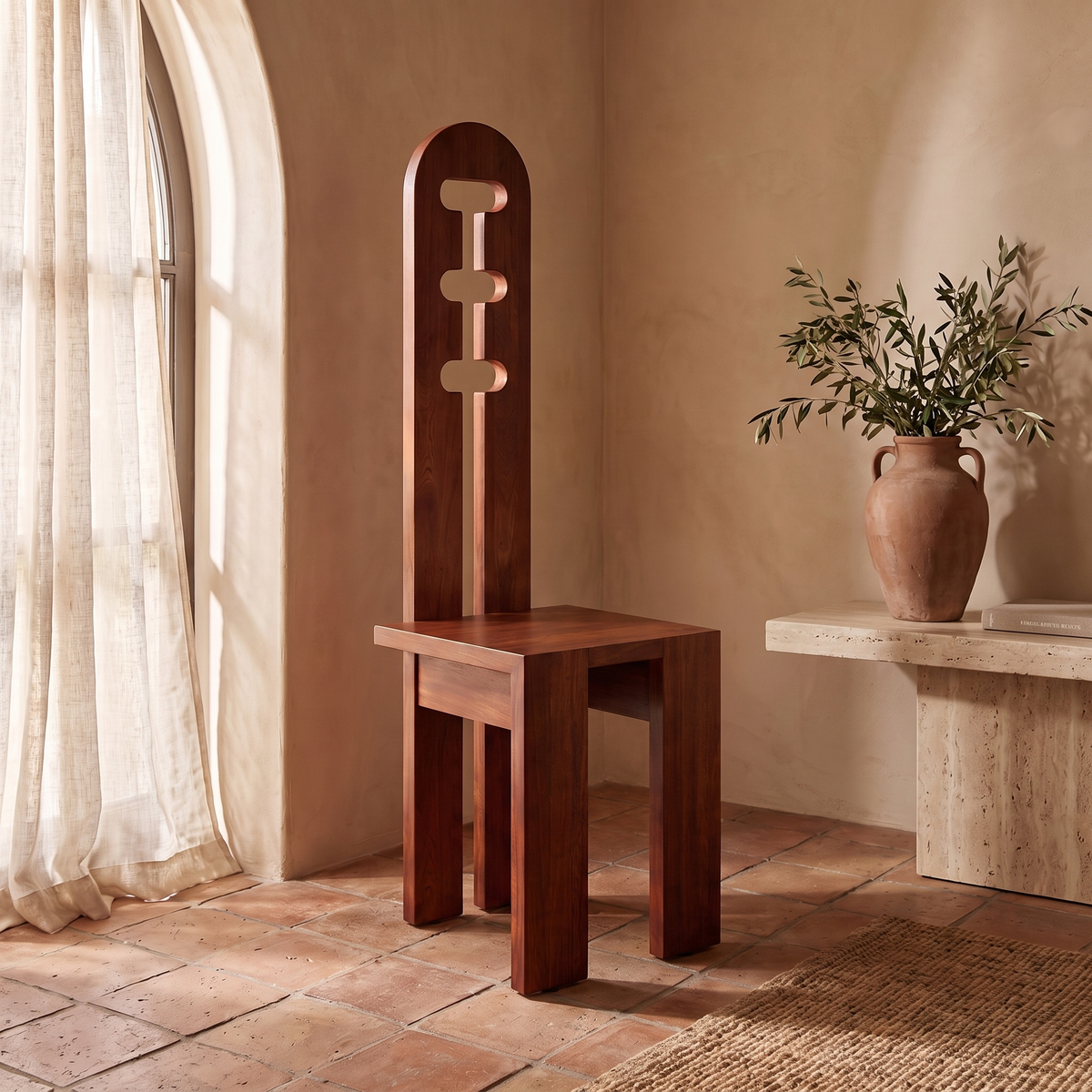 Mahogany Grain Cutout Back Vanity Stool in an Italian villa entryway