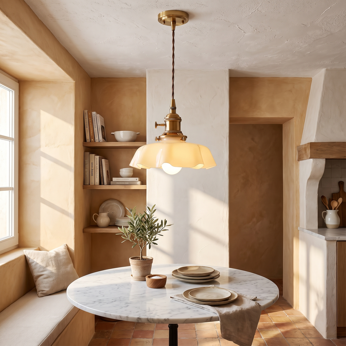 French Scalloped Glass Pendant Light in a warm Italian interior