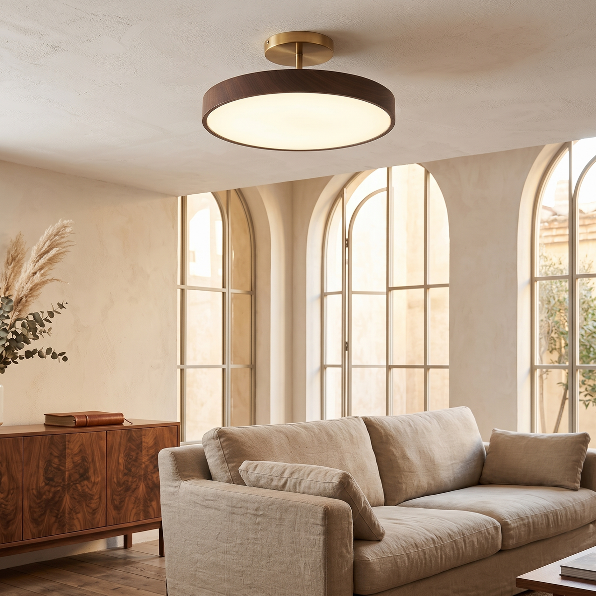 Scandinavian Wood-Effect Gold Ceiling Light in a warm Italian interior