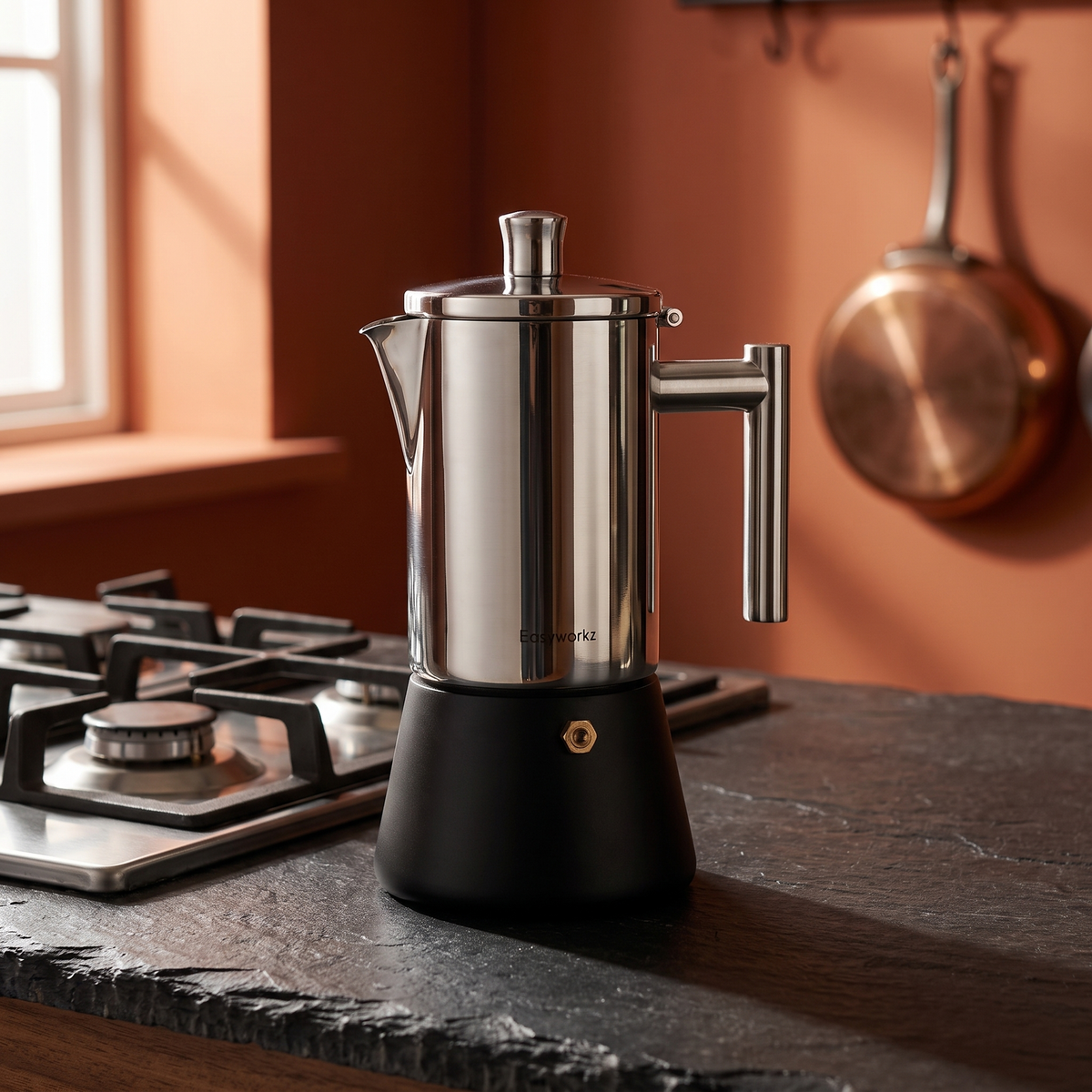 Italian Moka Pot Stainless Steel Black Base in a warm Italian interior