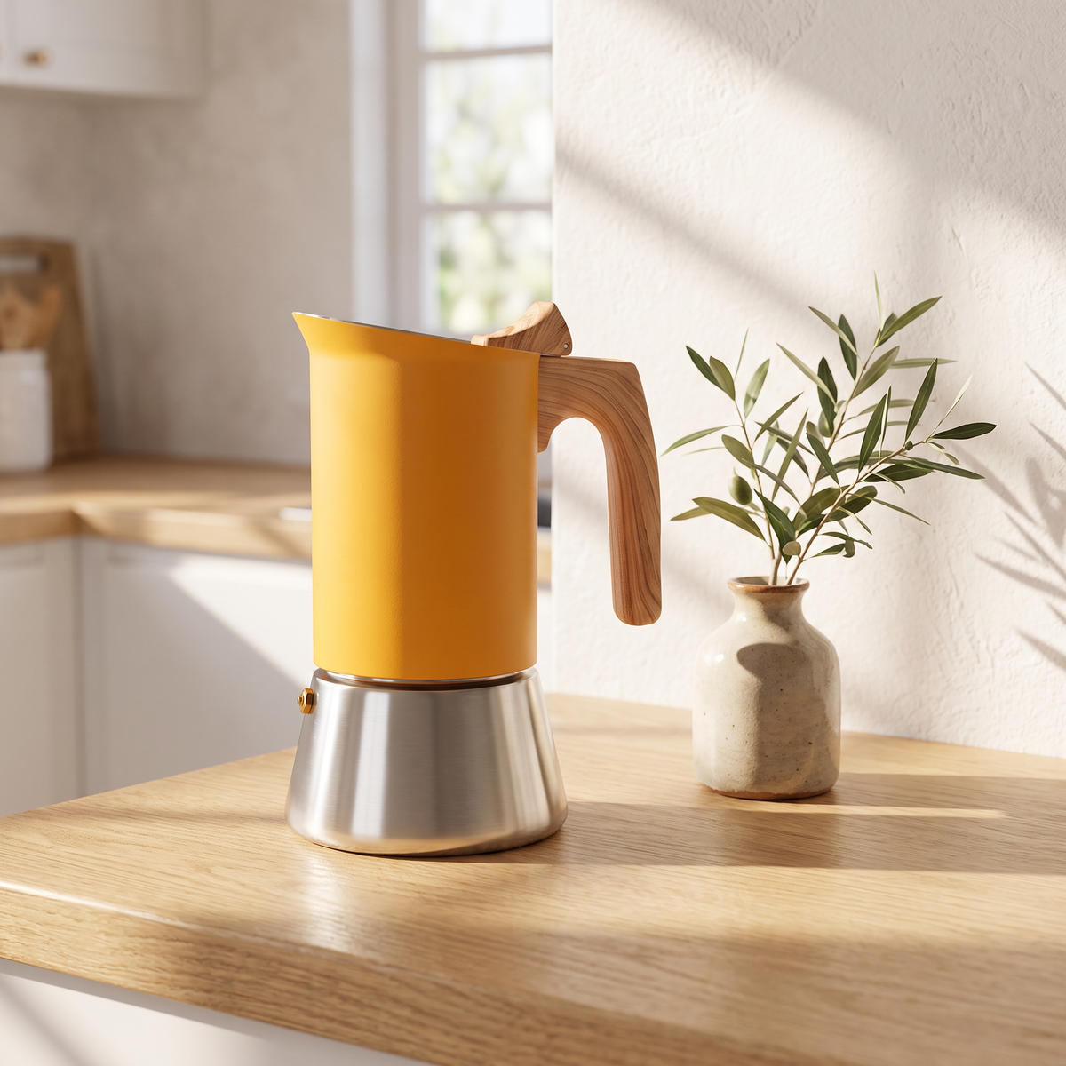 Yellow Induction Moka Pot in a warm Italian interior