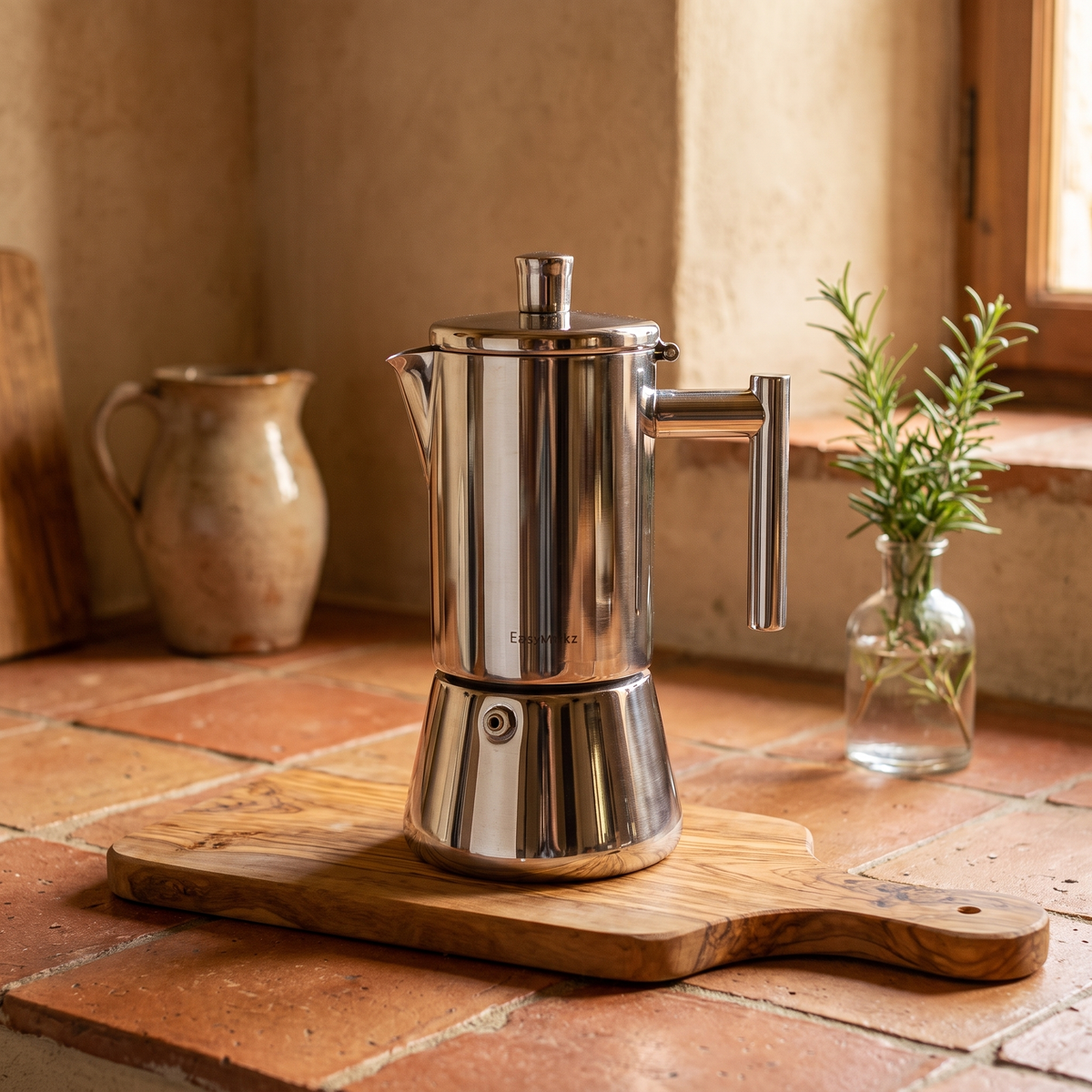 Italian Moka Pot Stainless Steel in a warm Italian interior