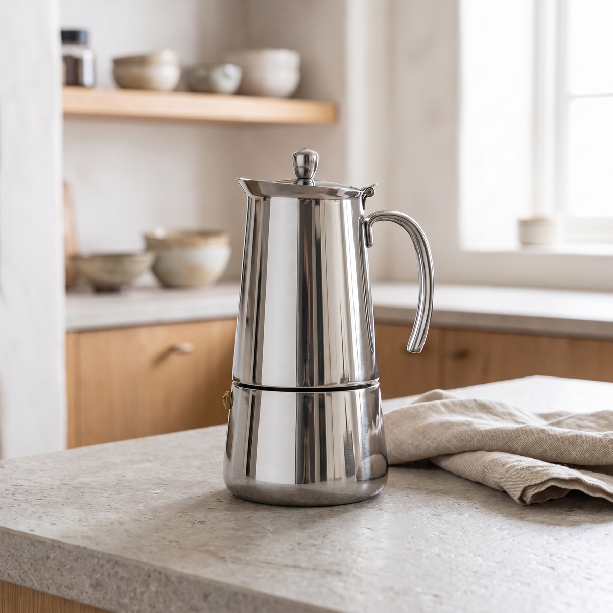 Stainless Steel Italian Moka Pot in a warm Italian interior