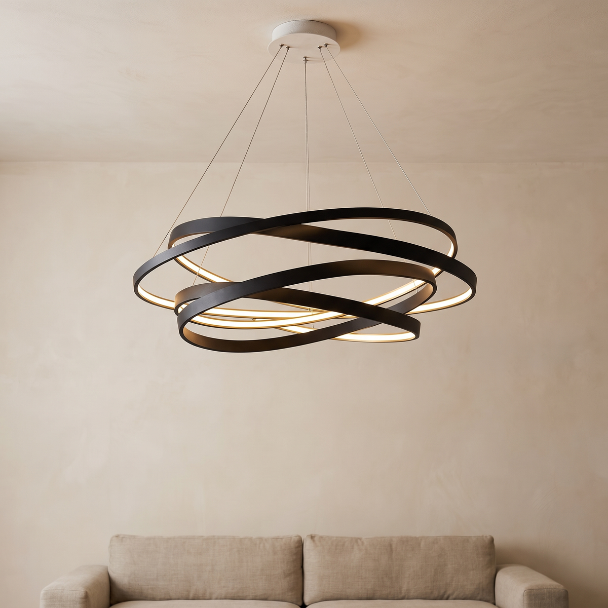 Black Ring LED Chandelier in a modern Italian living room