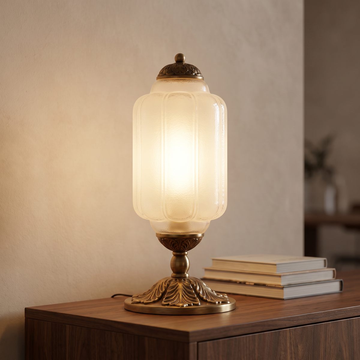 Bauhaus Coloured Glass Table Lamp lit on a walnut sideboard in a modern Italian living room