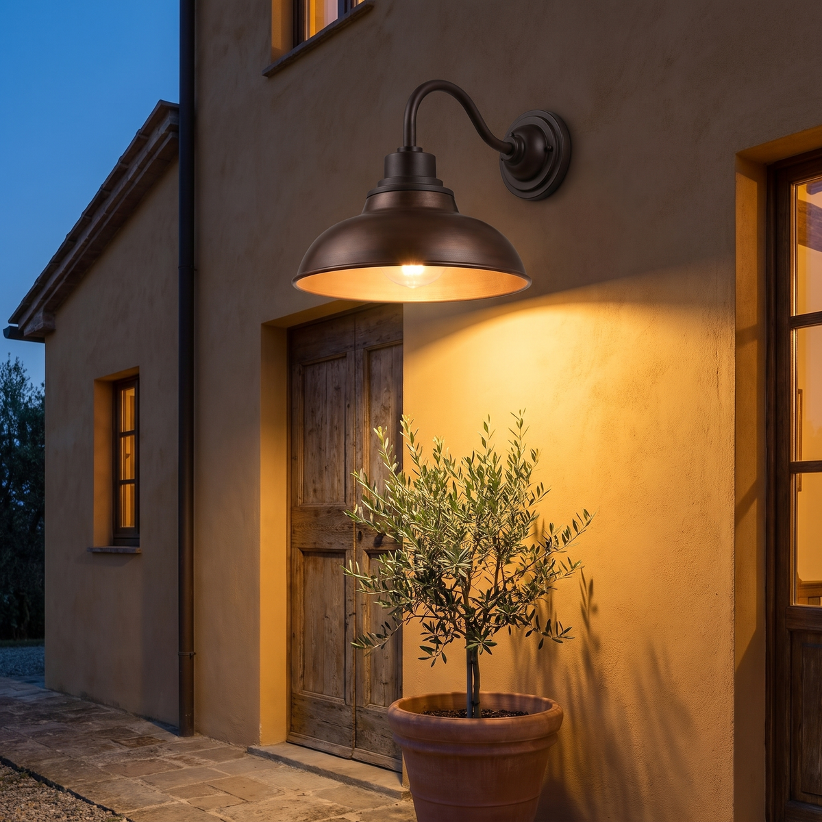 Outdoor Gooseneck Barn Light at an Italian villa at dusk