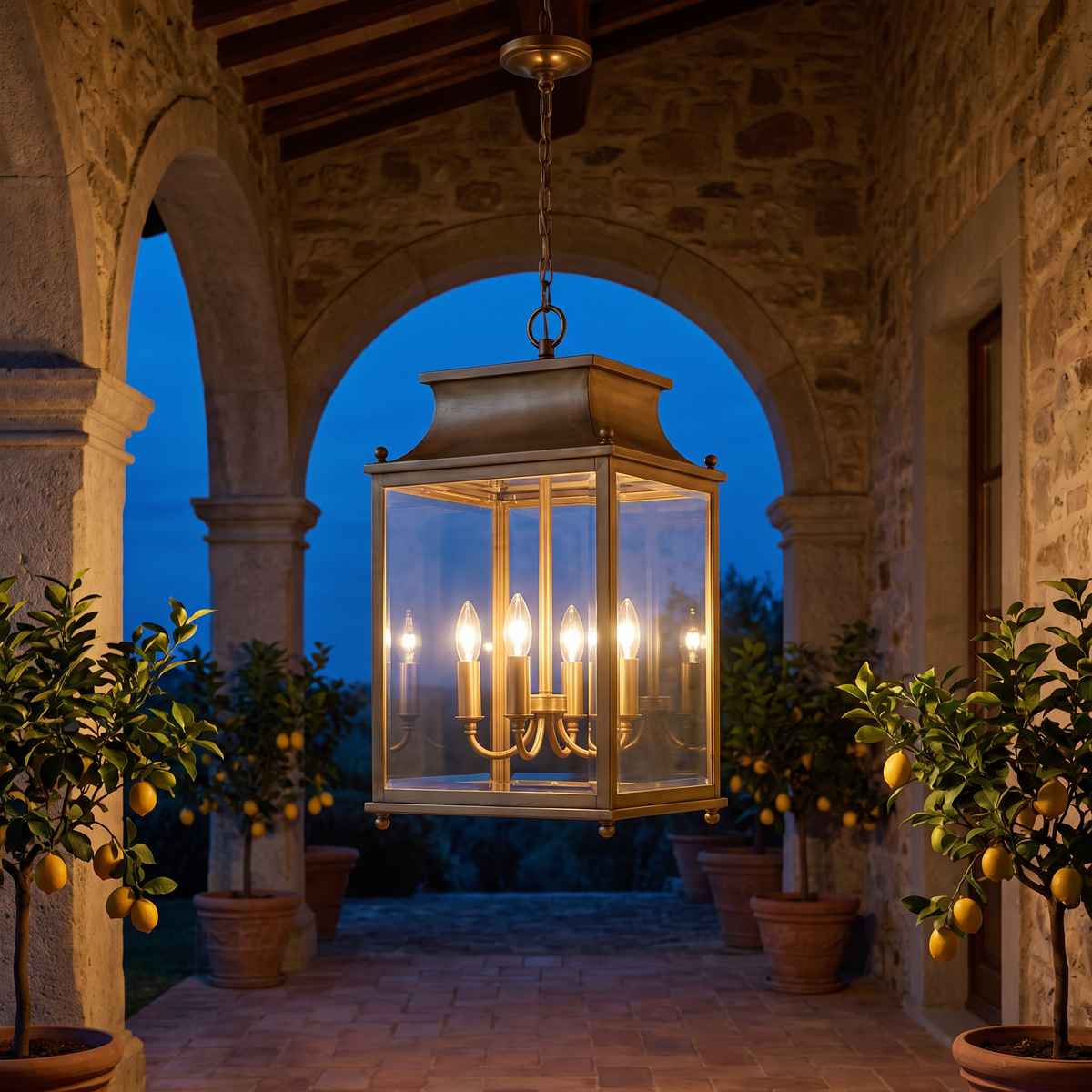 Outdoor 4-Light Lantern Pendant at an Italian villa at dusk