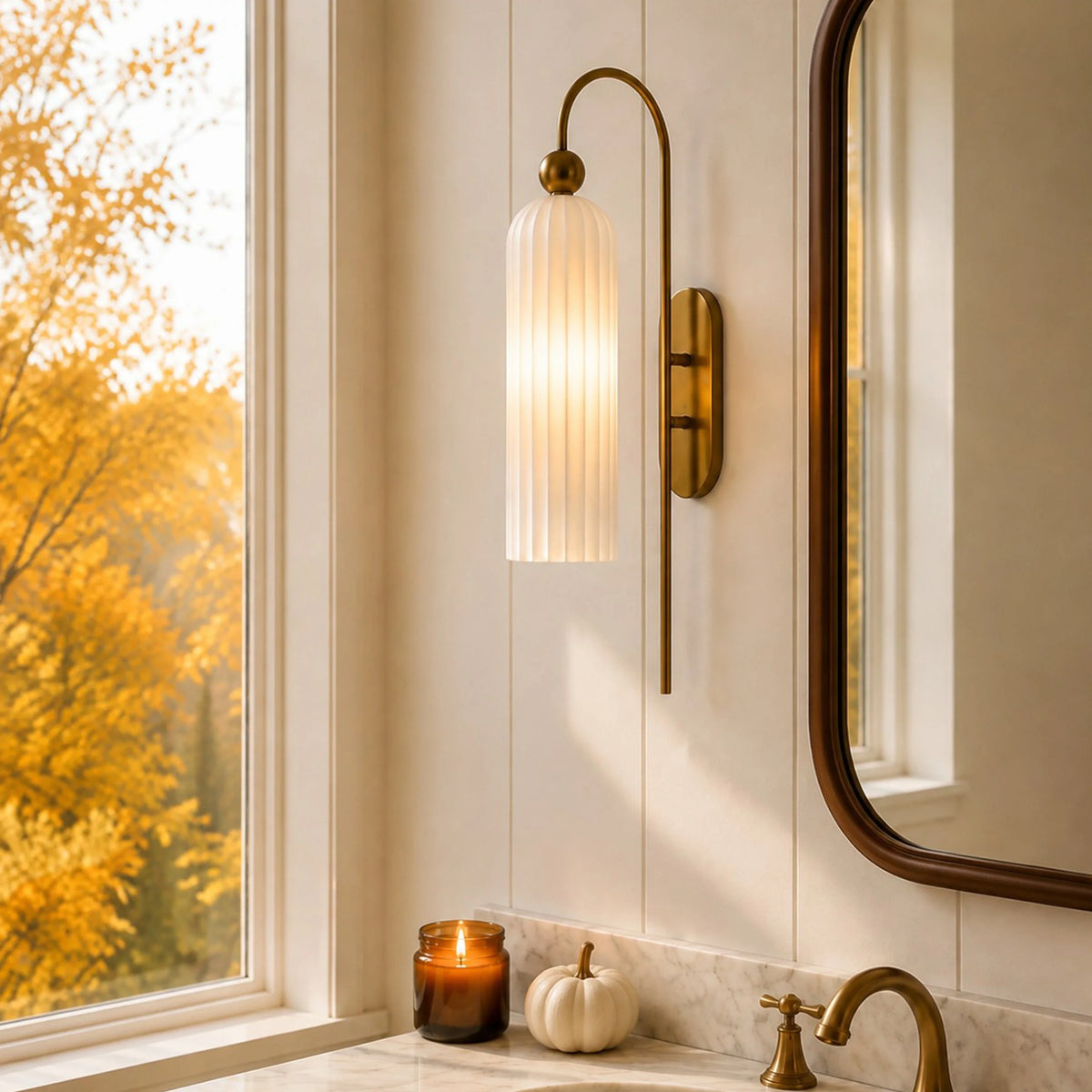 Gold Cylinder Wall Sconce, Tall Ribbed Glass or Alabaster