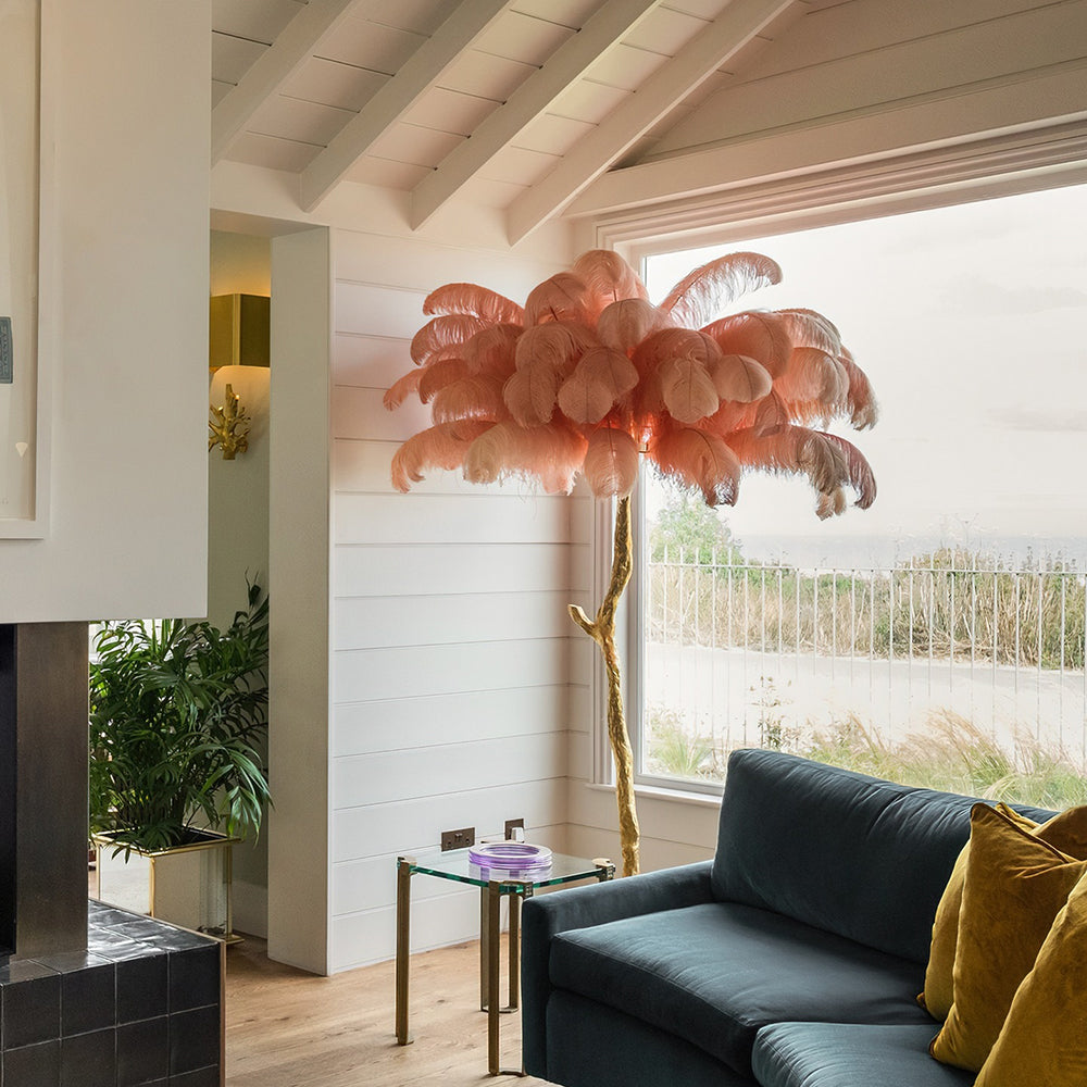 Ostrich Feather Floor Lamp, Brass Statement Standing Lamp